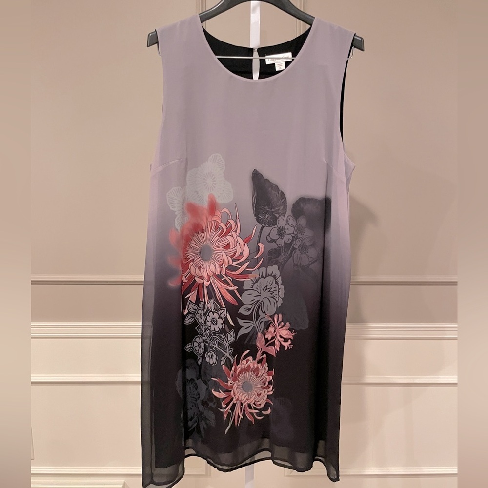 Coldwater Creek sheer floral shift dress gray black XL gauzy airy straight